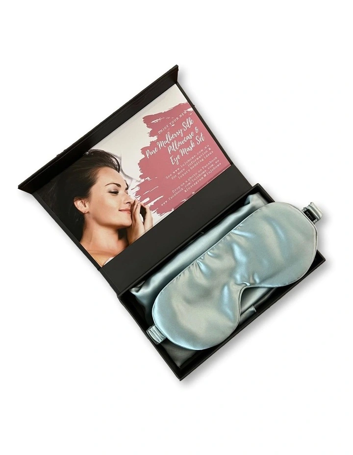 Silk Eye Mask And Pillowcase In Steel Blue 3 Silk Eye Mask And Pillowcase In Steel Blue