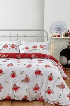 Catherine Lansfield Christmas Robins Duvet Cover And Pillowcase Set