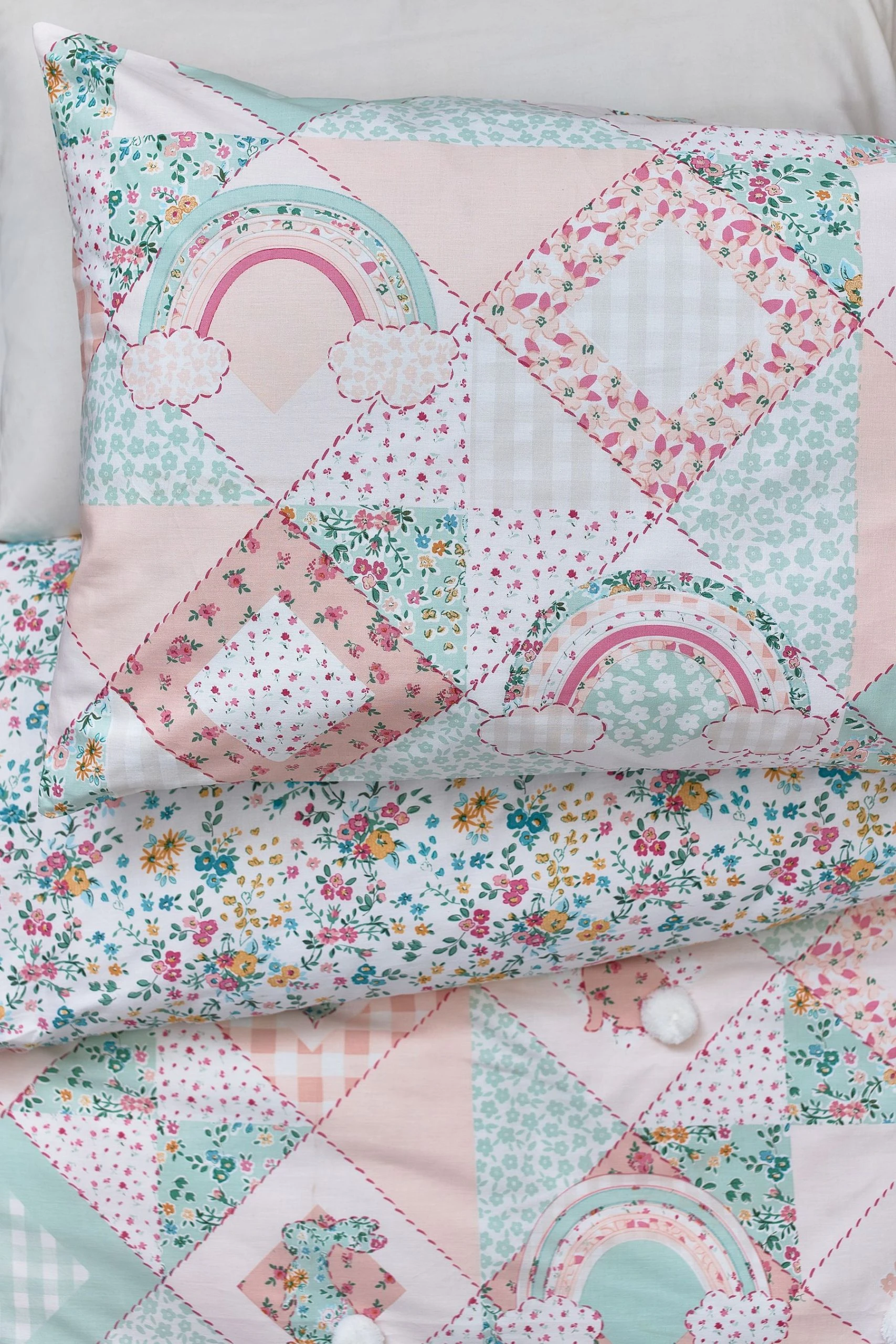 Next Rainbow Patchwork Design With Poms 100% Cotton Duvet Cover And Pillowcase Set 6 Next Rainbow Patchwork Design With Poms 100% Cotton Duvet Cover And Pillowcase Set - Image 4