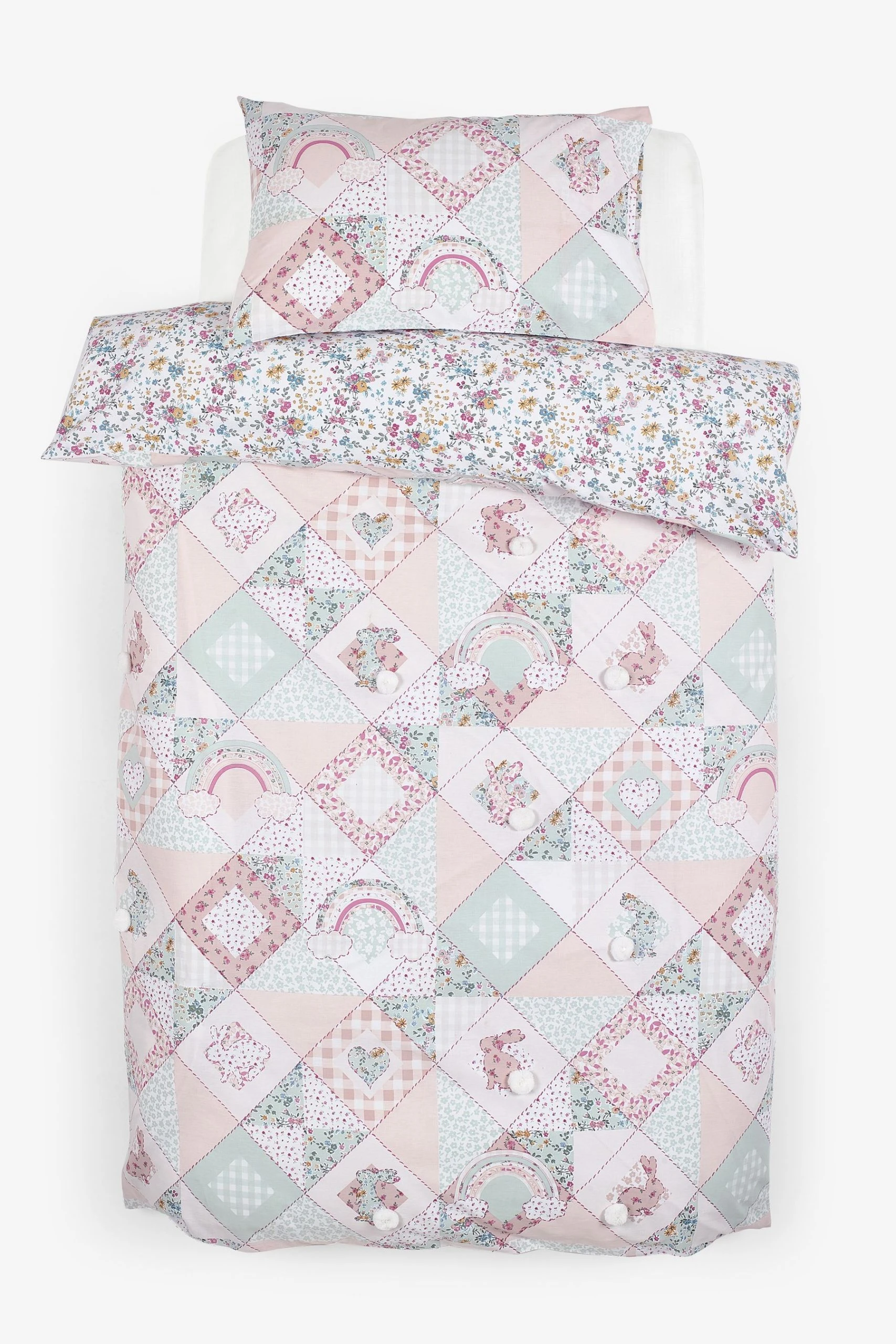 Next Rainbow Patchwork Design With Poms 100% Cotton Duvet Cover And Pillowcase Set 7 Next Rainbow Patchwork Design With Poms 100% Cotton Duvet Cover And Pillowcase Set - Image 5
